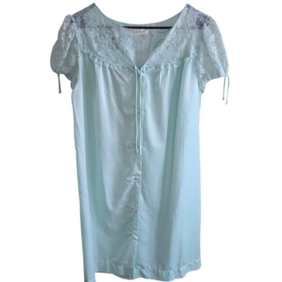 Blue Lace Trim Short Sleeve Button Front M - Picture 4 of 16